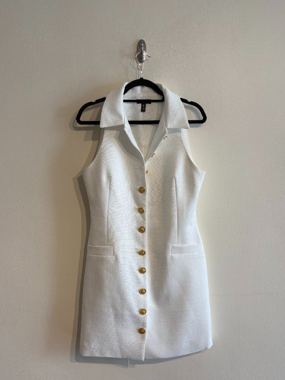 AQUA White Sleeveless Collared Gold Button Mini Dress